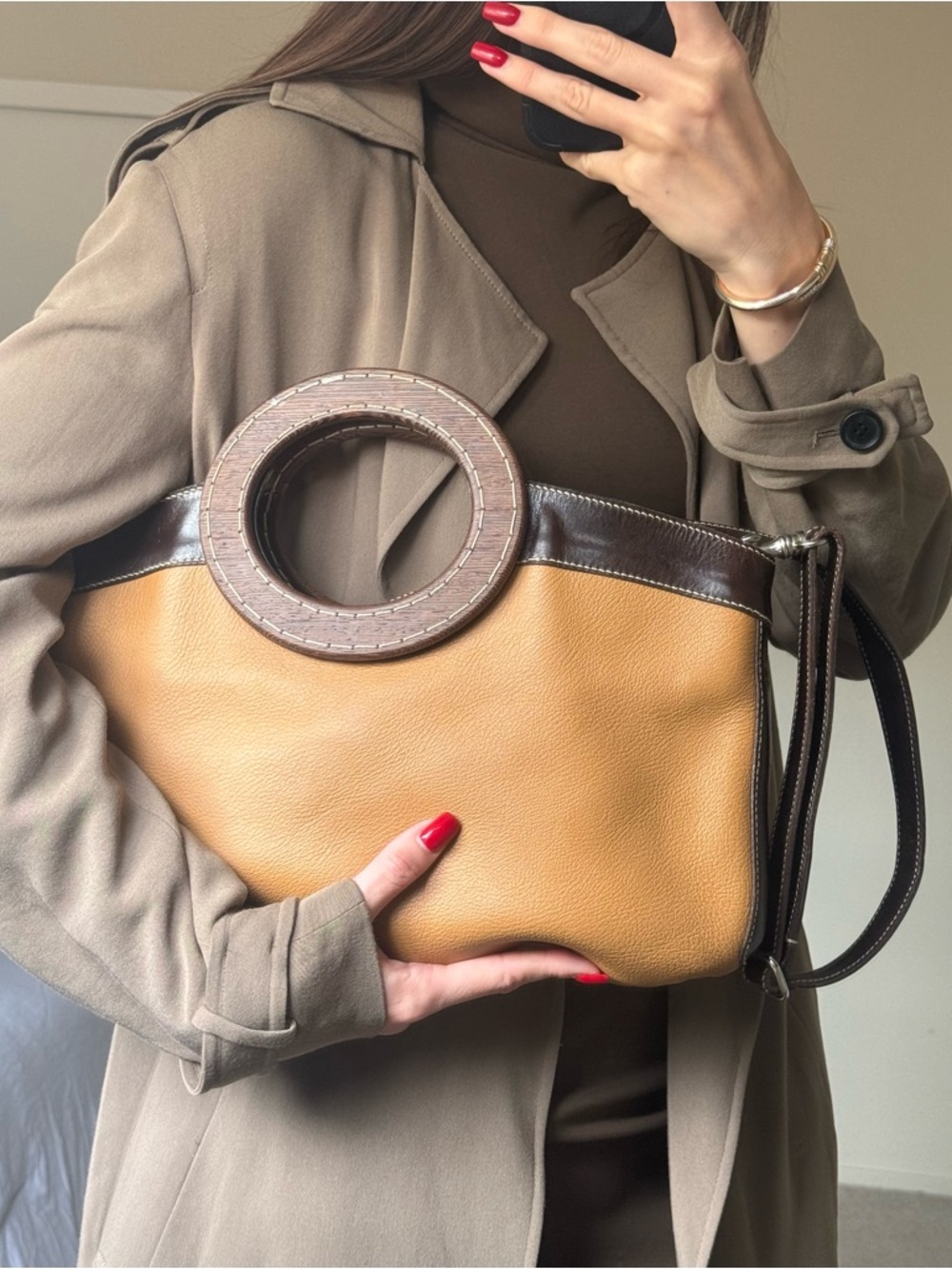Vintage Miu Miu Brown Satchel Crossbody Bag Tote with wood round handles